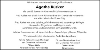 Traueranzeige von Agathe Rücker von vrm-trauer WK-UTA