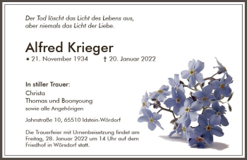 Traueranzeige von Alfred Krieger von vrm-trauer Idsteiner Zeitung