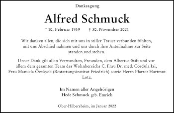 Traueranzeige von Alfred Schmuck von vrm-trauer Allgemeine  Zeitung Ingelheim-Bingen
