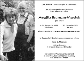 Traueranzeige von Angelika Bethmann-Mooshak von vrm-trauer Wiesbadener Kurier