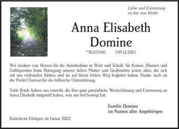 Traueranzeige von Anna Elisabeth Domine von vrm-trauer Rheingau