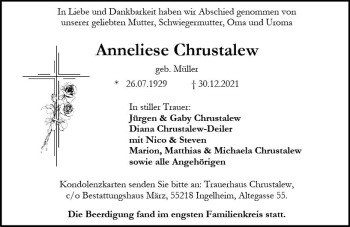 Traueranzeige von Anneliese Chrustalew von vrm-trauer Allgemeine  Zeitung Ingelheim-Bingen