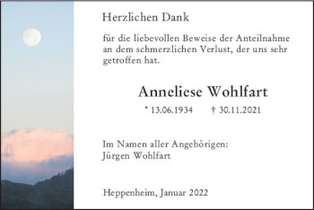 Traueranzeige von Anneliese Wohlfart von vrm-trauer Bürstädter/Lamperth. Ztg/Starkenburger
