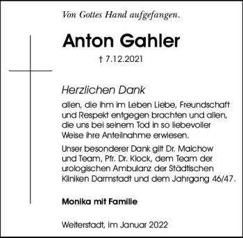 Traueranzeige von Anton Gahler von vrm-trauer Darmstädter Echo
