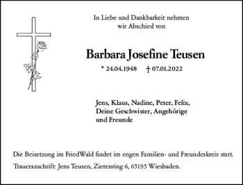 Traueranzeige von Barbara Josefine Teusen von vrm-trauer Wiesbadener Kurier