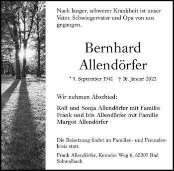 Traueranzeige von Bernhard Allendörfer von vrm-trauer Wiesbadener Kurier
