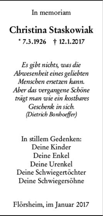 Traueranzeige von Christina Staskowiak von vrm-trauer Rüsselsheimer Echo / MainSpitze