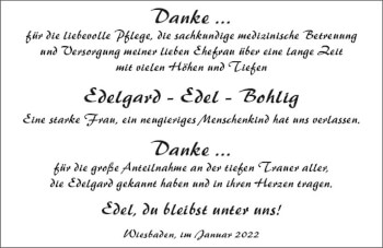 Traueranzeige von Edelgard Bohlig von vrm-trauer Wiesbadener Kurier