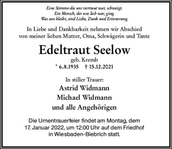 Traueranzeige von Edeltraut Seelow von vrm-trauer Wiesbadener Kurier
