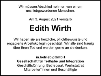 Traueranzeige von Edith Wirth von vrm-trauer AZ Mainz