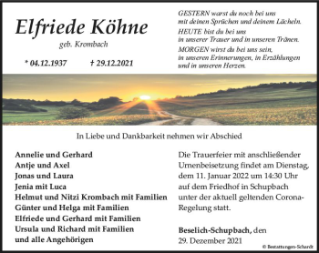 Traueranzeige von Elfriede Köhne von Weilburger Tageblatt