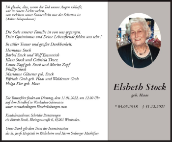 Traueranzeige von Elsbeth Stock von vrm-trauer Wiesbadener Kurier