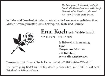 Traueranzeige von Erna Koch von vrm-trauer Idsteiner Zeitung