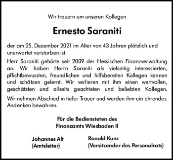 Traueranzeige von Ernesto Saraniti von vrm-trauer Wiesbadener Kurier