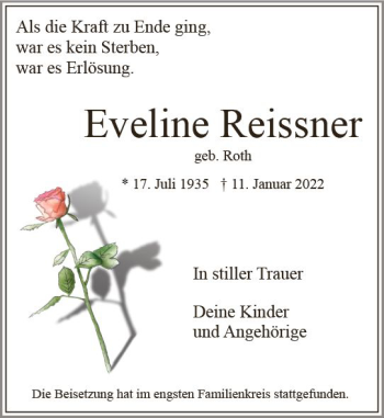Traueranzeige von Eveline Reissner von vrm-trauer Wiesbadener Kurier