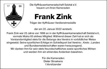 Traueranzeige von Frank Zink von vrm-trauer Allgemeine Zeitung Alzey