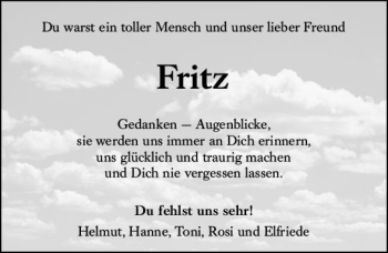 Traueranzeige von Fritz  von vrm-trauer Allgemeine  Zeitung Ingelheim-Bingen