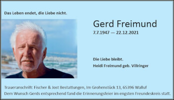 Traueranzeige von Gerd Freimund von vrm-trauer Wiesbadener Kurier