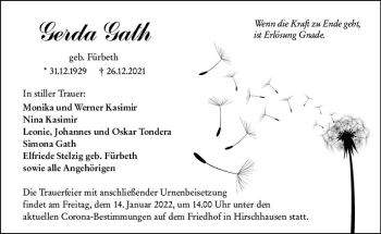 Traueranzeige von Gerda Gath von Weilburger Tageblatt