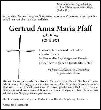 Traueranzeige von Gertrud Anna Maria Pfaff von vrm-trauer Wormser Zeitung