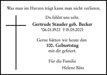 Traueranzeige von Gertrude Stauder von vrm-trauer AZ Mainz