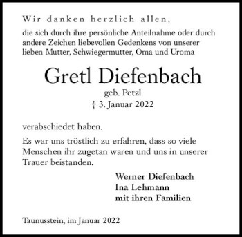 Traueranzeige von Gred Diefenbach von vrm-trauer WK-UTA