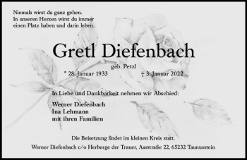 Traueranzeige von Gretl Diefenbach von vrm-trauer WK-UTA