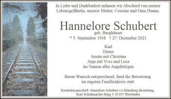 Traueranzeige von Hannelore Schubert von vrm-trauer Wiesbadener Kurier