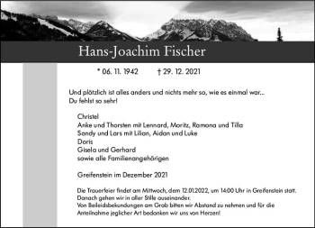 Traueranzeige von Hans-Joachim Fischer von Wetzlarer Neue Zeitung
