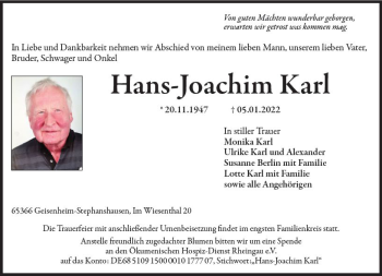 Traueranzeige von Hans-Joachim Karl von vrm-trauer Rheingau