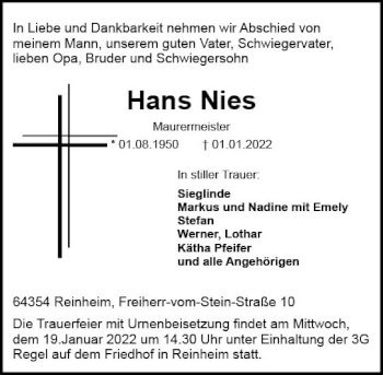 Traueranzeige von Hans Nies von vrm-trauer Darmstädter Echo