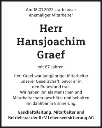 Traueranzeige von Hansjoachim Graef von vrm-trauer Wiesbadener Kurier