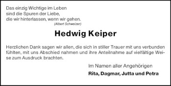 Traueranzeige von Hedwig Keiper von vrm-trauer Wiesbadener Kurier