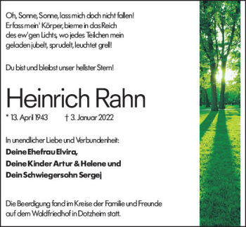 Traueranzeige von Heinrich Rahn von vrm-trauer Wiesbadener Kurier