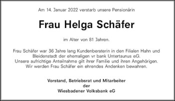 Traueranzeige von Helga Schäfer von vrm-trauer Wiesbadener Kurier