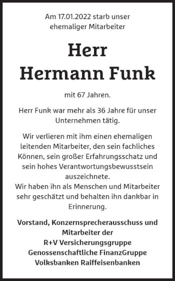 Traueranzeige von Hermann Funk von vrm-trauer Wiesbadener Kurier