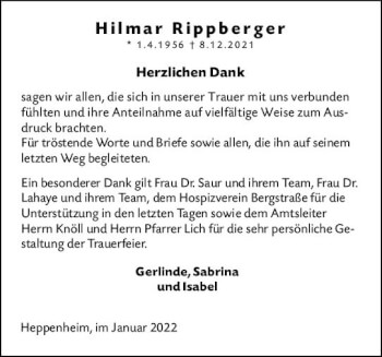 Traueranzeige von Hilmar Rippberger von vrm-trauer Darmstädter Echo