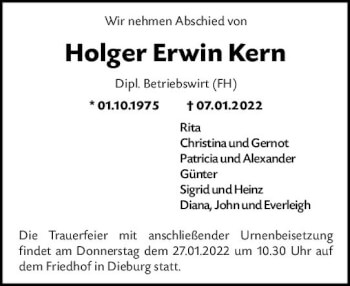 Traueranzeige von Holger Erwin Kern von vrm-trauer DieburgerAnzeiger/Groß-Zimmerner Lokala