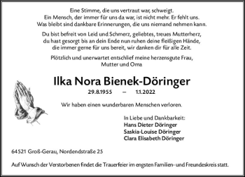 Traueranzeige von Ilka Nora Bienek-Döringer von vrm-trauer Groß-Gerauer Echo