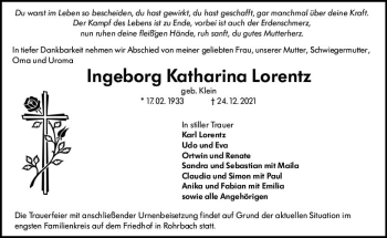 Traueranzeige von Ingeborg Katharina Lorentz von vrm-trauer Darmstädter Echo