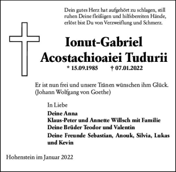 Traueranzeige von Ionut-Gabriel Acostachioaiei Tudurii von vrm-trauer Wiesbadener Kurier