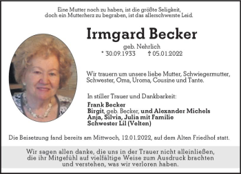 Traueranzeige von Irmgard Becker von  Gestaltungspauschale