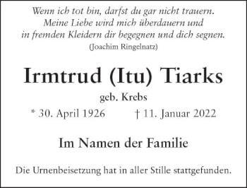 Traueranzeige von Irmtrud Tiarks von vrm-trauer Wiesbadener Kurier