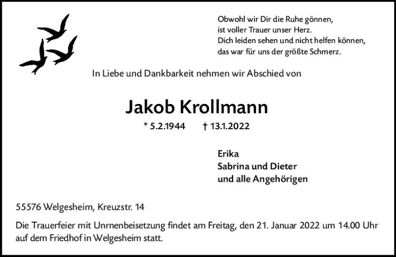  Traueranzeige für Jakob Krollmann vom 19.01.2022 aus vrm-trauer Allgemeine  Zeitung Ingelheim-Bingen