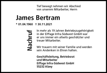 Traueranzeige von James Bertram von vrm-trauer Allgemeine Zeitung Alzey