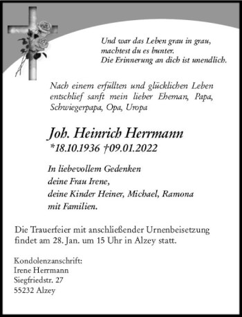 Traueranzeige von Joh. Heinrich Herrmann von vrm-trauer Allgemeine Zeitung Alzey