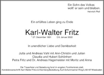 Traueranzeige von Karl-Walter Fritz von vrm-trauer Wiesbadener Kurier