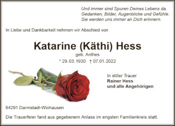 Traueranzeige von Katarine Hess von vrm-trauer Darmstädter Echo