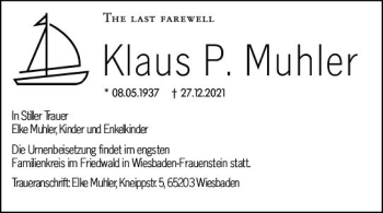 Traueranzeige von Klaus P. Muhler von vrm-trauer Wiesbadener Kurier