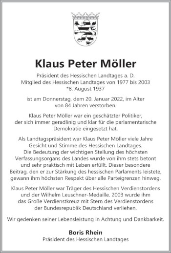 Traueranzeige von Klaus Peter Möller von vrm-trauer DieburgerAnzeiger/Groß-Zimmerner Lokala